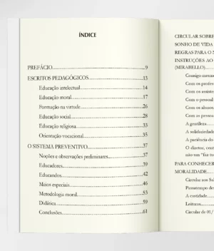 Sumário I da coleção Escritos Pedagógicos de São João Bosco, contendo a lista de capítulos e temas abordados na obra